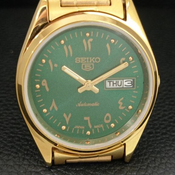 Vintage 1975 Seiko Automatic Mens Gold Watch W/daydate & Green accents - Picture 4 of 8